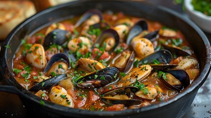 Wall Mural - Hearty seafood stew with mussels and clams in tomato broth, served with fresh parsley and crusty bread