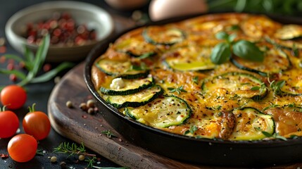 Wall Mural - Cheesy zucchini and tomato frittata with fresh basil and cherry tomatoes, baked to golden perfection