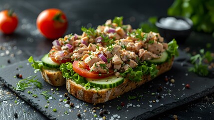 Wall Mural - Fresh Mediterranean Open-Faced Sandwich with Chicken Salad, Tomatoes, Cucumbers, and Herbs on Slate Plate