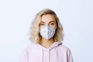 young adult woman wearing face mask coronavirus protection pandemia covid-19 on white isolated looking at camera blond hair