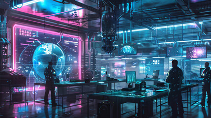 Wall Mural - A futuristic tech lab or workspace showcasing advanced technology and innovative gadgets. Include elements like holographic displays, robots, and 3D printers. The scene can feature a team of scientist