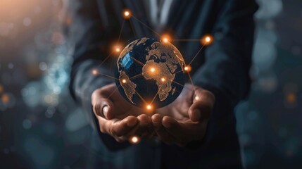 Wall Mural - Businessman hands holding virtual globe for digital online marketing network connection. Generate AI