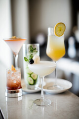 Assortment of classic cocktails on elegant bar counter