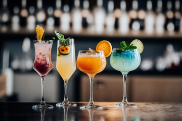 Assortment of classic cocktails on elegant bar counter