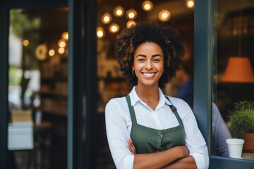 Confident small business owner standing at cafe entrance