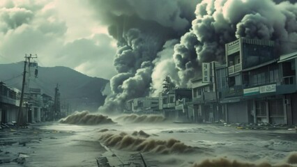 Wall Mural - A concept of disaster, a global flood, and a large tsunami 