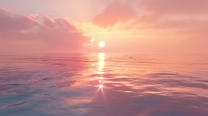 Poster - The morning sky over a calm sea, reflecting hues of pink and gold as the sun rises above the horizon.