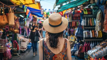 A solo traveler exploring a bustling market in a foreign city, surrounded by colorful stalls and the sounds of vendors calling out