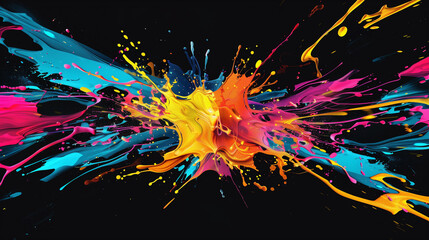 Wall Mural - Black background with a splash of vibrant color exploding outwards in an abstract pattern