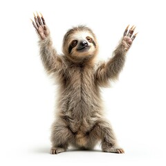 front-view full-body shot of a cute sloth looking up with arms outstretched, solid white background, 