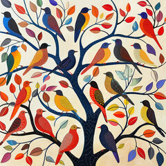 Wall Mural - Brightly colored traditional Gond folk art from India of birds in a tree on a textured background.