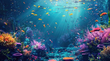 Wall Mural - Underwater with colorful sea life fishes and plant at seabed background, Colorful Coral reef landscape in the deep of ocean. Marine life concept