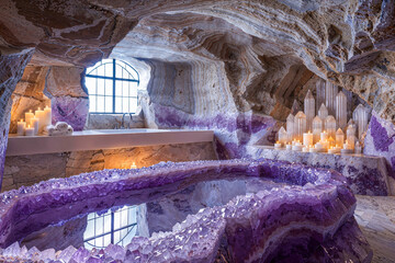 Wall Mural - Geological crystal bathroom or spa interior design, purple amethyst tub, candles, luxury fantasy architecture, mansion or palace