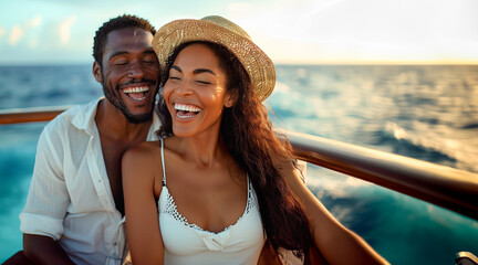 Happy African American Couple Laughing While Boating on the Ocean. Generative AI.