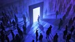 © Irina Ukrainets - Conceptual representation of opportunity and the future with silhouetted people moving towards a bright doorway in a dark space. Evocative and moody, ideal for motivational topics. AI