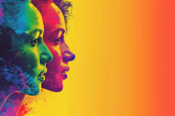 A colorful poster with three women's faces on it. The poster is titled 