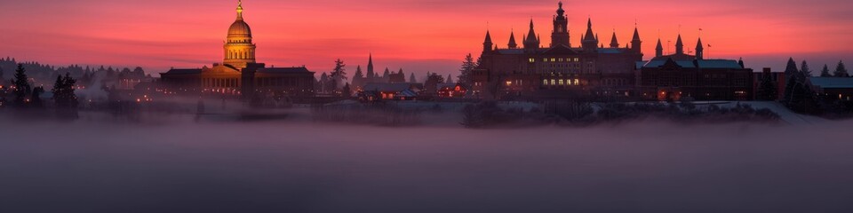 Wall Mural - Stunning panoramic view of a grand palace and surrounding cityscape enveloped in fog during a mesmerizing sunset with vibrant pink and orange hues