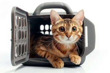 A cat is sitting in a pet carrier