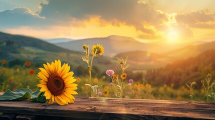 Sunset over a sunflower field 