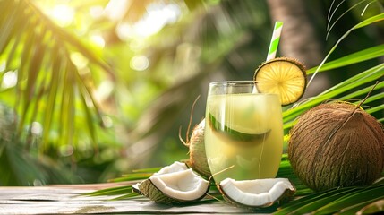 Refreshing coconut juice with a coconut plant background 