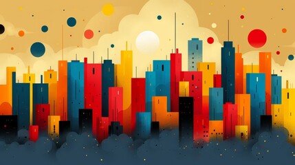 Wall Mural - a minimal abstract illustration of a city in mainly primary colors of red, yellow, and blue.