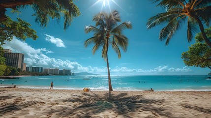 Sticker - Beach, nice weather, palm tree, People enjoying sunbathing, parasols, children playing happily, hotel in the distance