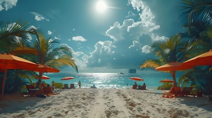 Sticker - Beach, nice weather, palm tree, People enjoying sunbathing, parasols, children playing happily, hotel in the distance