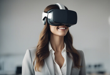 Wall Mural - Smiling businesswoman in casual wear is wearing vr helmet