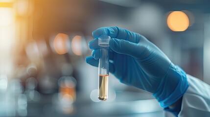 hand of scientist in blue glove with test tube and flask in medical chemistry lab banner background