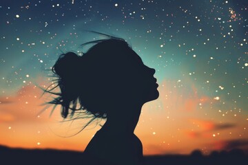 Wall Mural - Young woman looks at the stars. silhouette