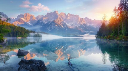 Impressive summer sunrise on Eibsee lake with Zugspitze mountain range