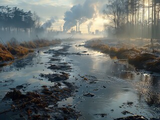 Wall Mural - Industrial pollution with smokestacks emitting smoke beside a river in a forest, creating a contrasting environmental scene.