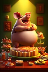 A Joyfully Rotund Swine Indulging in a Delectable Gourmet Spread Against a Vibrant Backdrop