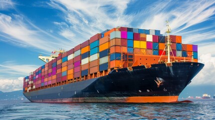 the large cargo ship at sea, loaded with colorful shipping containers stacked high on its deck on the sea with blue sky