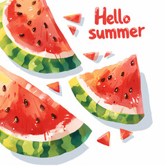 Lettering Hello Summer on white background with slice of juicy watermelon with seeds. Creative calligraphy design. Summertime concept. Illustration for print, poster, card, banner