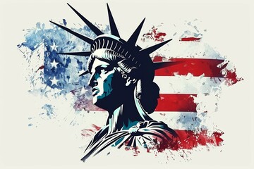 Wall Mural - Statue is surrounded by a splash of red, white, and blue colors, USA flag. Symbol of the United States of America, US