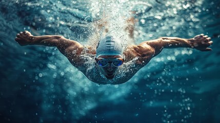 Dynamic image of a swimmer diving into the pool, emphasizing speed and form, perfect for fitness and swimwear brands.