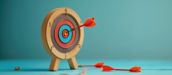 Wooden target with darts hitting bullseye on a blue background