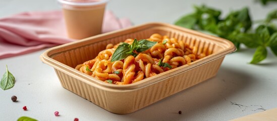 Wall Mural - Takeout pasta with basil in biodegradable container