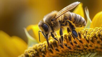 Wall Mural - A detailed macro shot of a bee pollinating a sunflower, focusing on the pollen and textures of the flower.