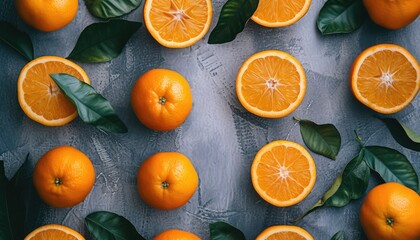 Oranges, whole and open, photographed from above, neatly arranged in a row, showcasing their vibrant colors and juicy goodness! 🍊✨ Perfect for a refreshing and nutritious display.