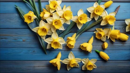 Wall Mural - Yellow daffodils flowers on blue wood texture, motion