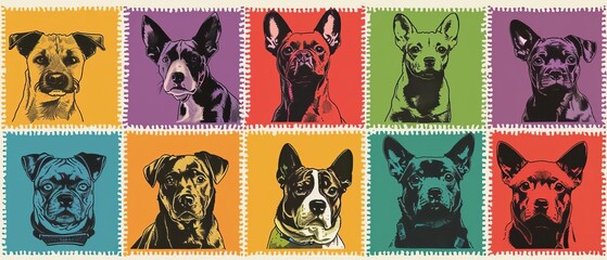 Colorful pop art collage of ten different dog portraits, showcasing vibrant and contrasting hues in unique artistic styles.