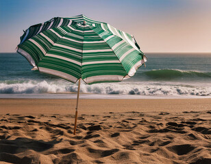 Wall Mural - Green and white striped beach umbrella on sandy beach with ocean waves in background with copy space