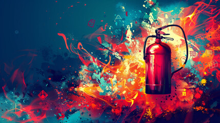 Artistic depiction of a fire extinguisher with abstract flames and business icons, symbolizing fire prevention and safety in the workplace.