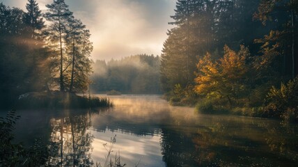 Wall Mural - Serene misty forest lake at sunrise, surrounded by trees, reflecting calm water