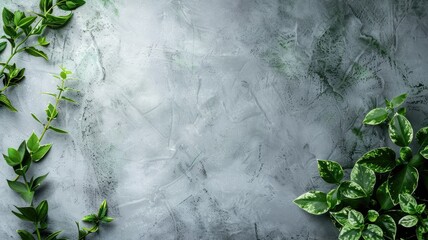 Wall Mural - Green leaves on textured grey background, nature's contrast