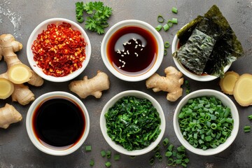 Wall Mural - Zen Garden Background with Soy Sauce, Wasabi, Ginger, and Seaweed

