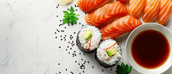 Wall Mural - Minimalist Background with Sushi Rice, Nori, Salmon, and Avocado

