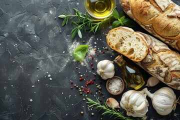 Wall Mural - Farmhouse Background with Artisanal Bread, Garlic, and Olive Oil

